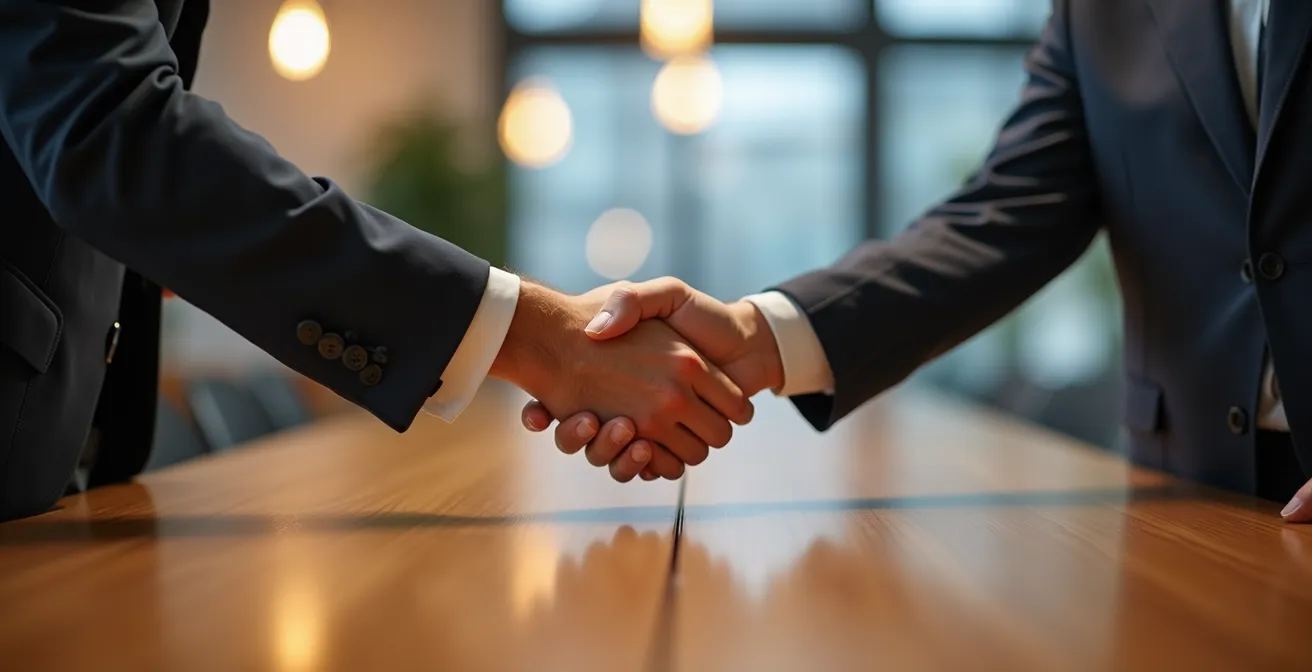 Gros plan sur une poignée de main professionnelle au-dessus d'une table en bois