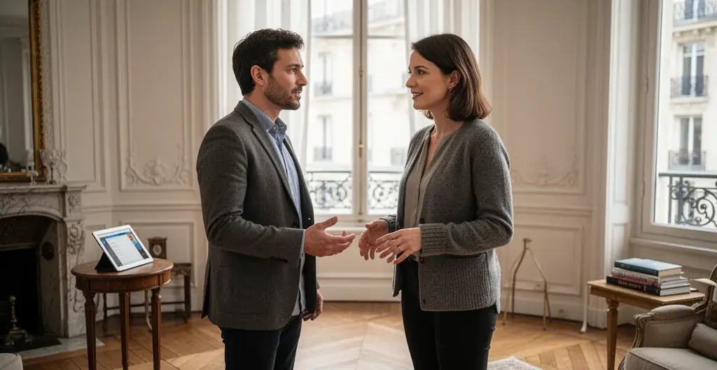 Agent immobilier discutant avec propriétaire dans un salon haussmannien lumineux