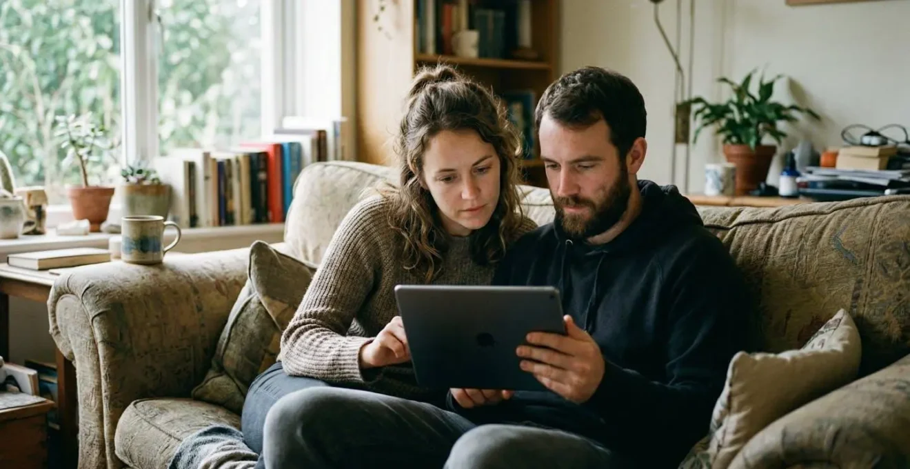 Un couple assis sur un canapé regarde ensemble une tablette, visages concentrés dans la lumière naturelle du salon