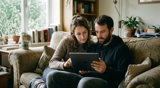 Un couple assis sur un canapé regarde ensemble une tablette, visages concentrés dans la lumière naturelle du salon