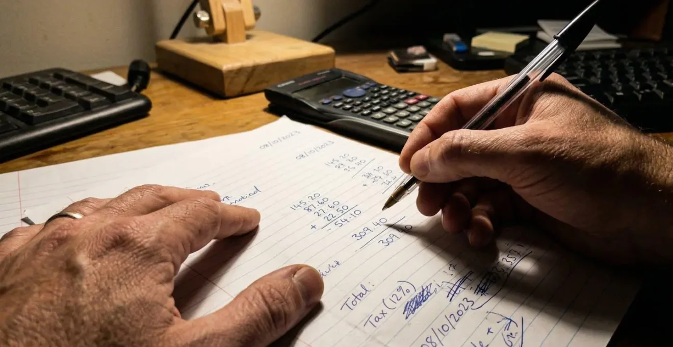 Des mains tiennent un stylo au-dessus de documents avec des chiffres manuscrits, une calculatrice visible en arrière-plan