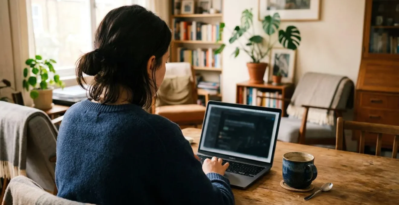 Une personne de dos consulte un ordinateur portable dans un salon lumineux, une tasse de café posée à côté