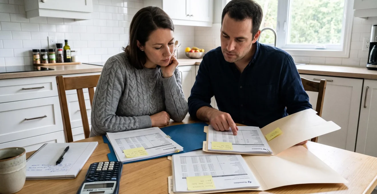 Couple comparant plusieurs dossiers d'offres de crédit immobilier sur une table