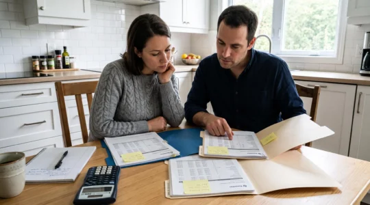 Couple comparant plusieurs dossiers d'offres de crédit immobilier sur une table